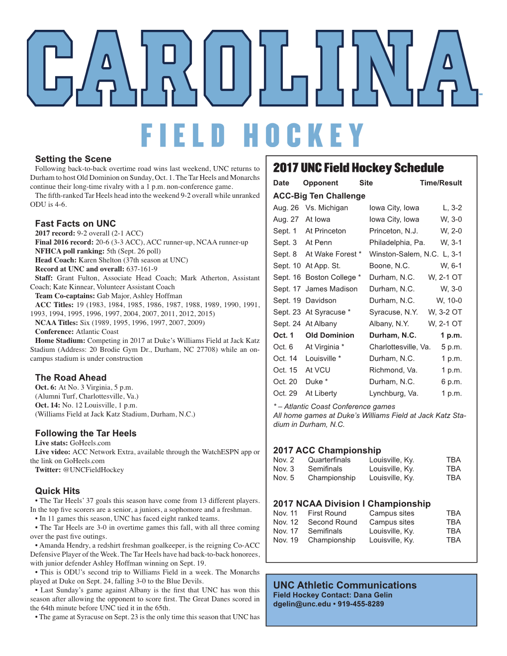 2017 UNC Field Hockey Schedule Durham to Host Old Dominion on Sunday, Oct