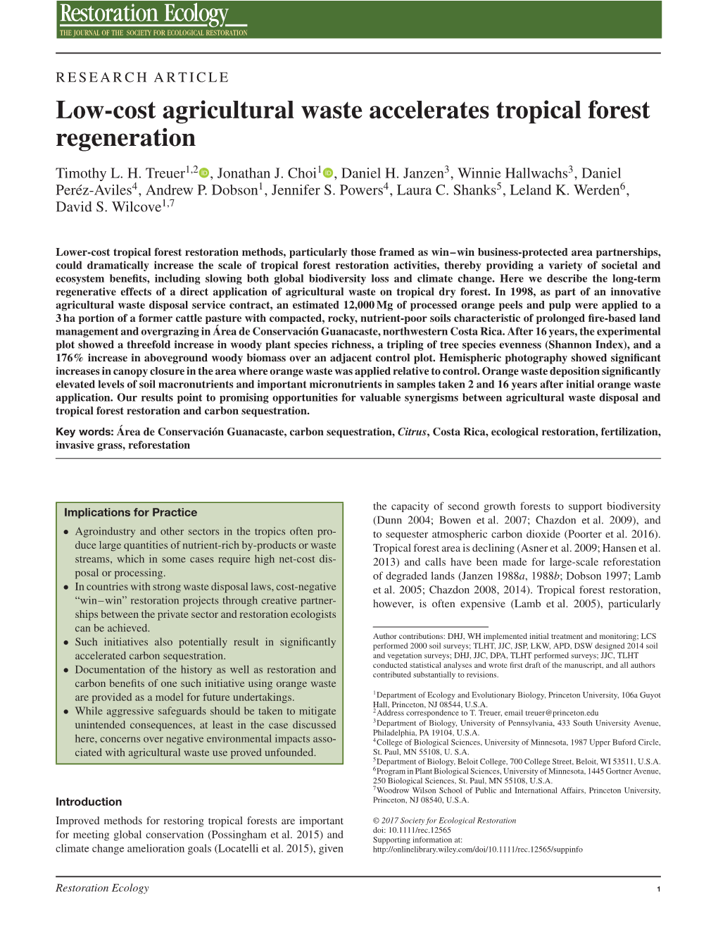 Low-Cost Agricultural Waste Accelerates Tropical Forest Regeneration Timothy L