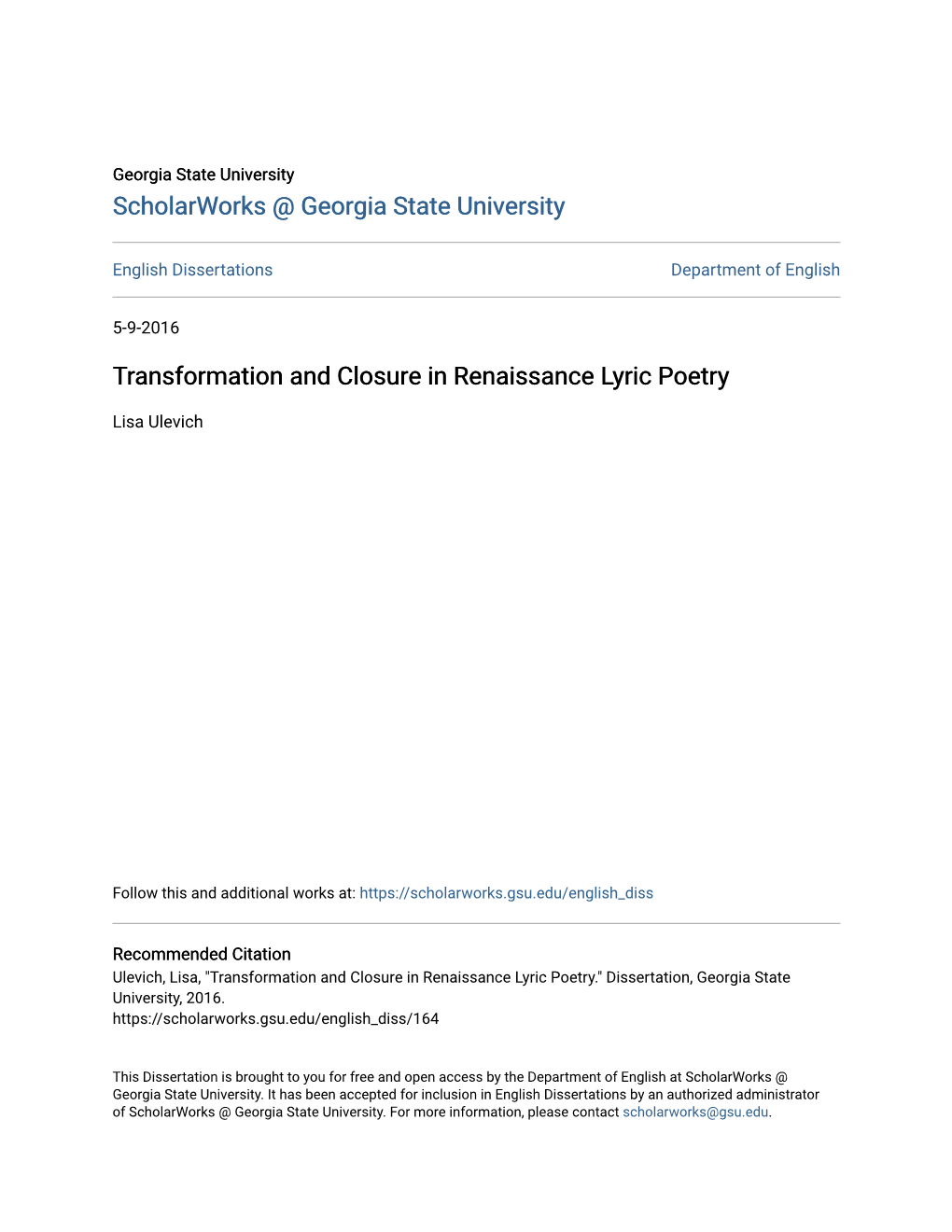 Transformation and Closure in Renaissance Lyric Poetry