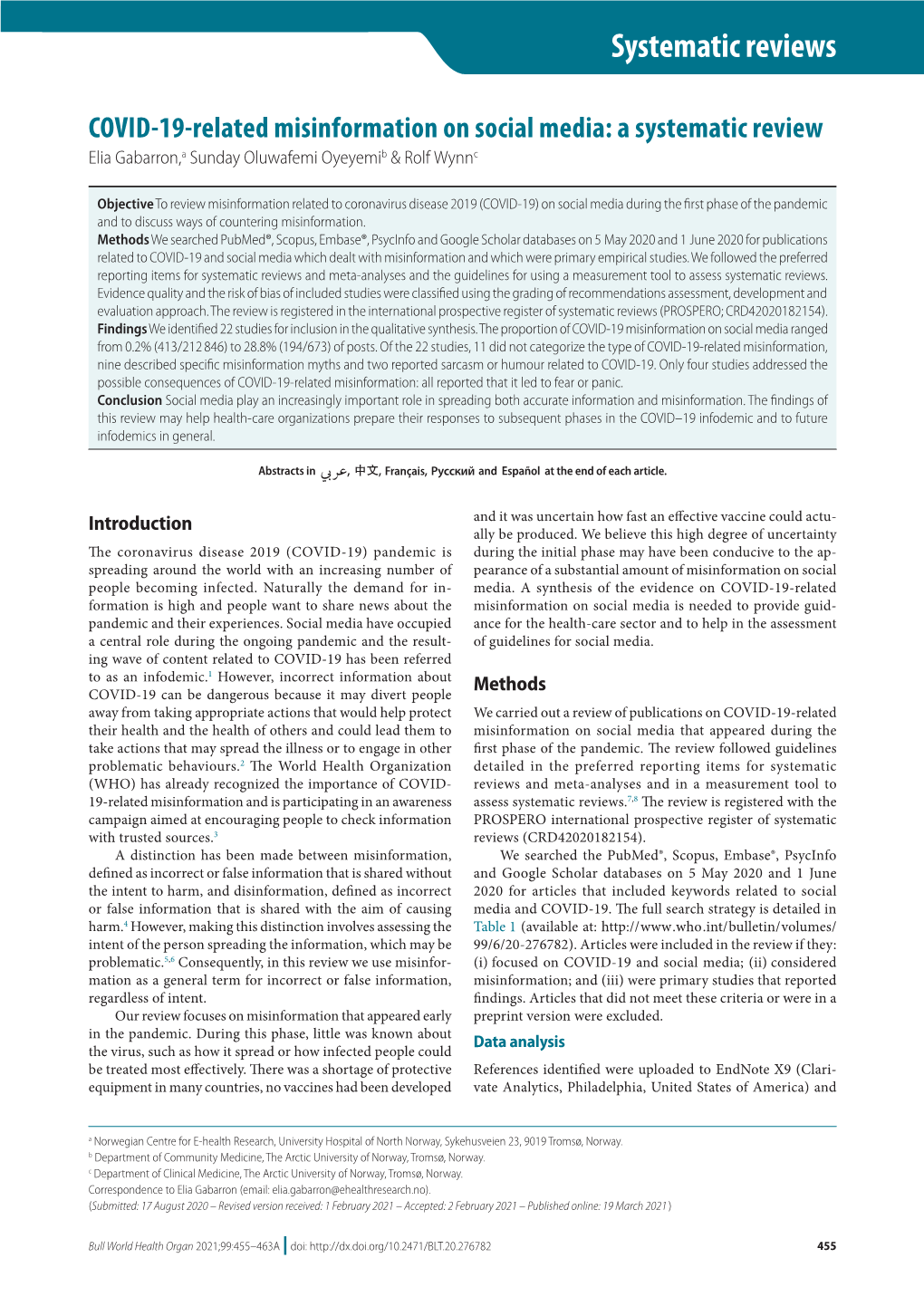 COVID-19-Related Misinformation on Social Media: a Systematic Review Elia Gabarron,A Sunday Oluwafemi Oyeyemib & Rolf Wynnc