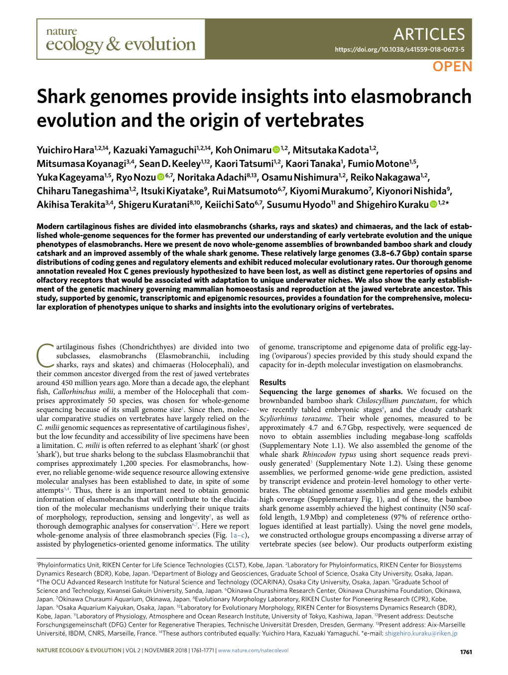 Shark Genomes Provide Insights Into Elasmobranch Evolution and the Origin of Vertebrates