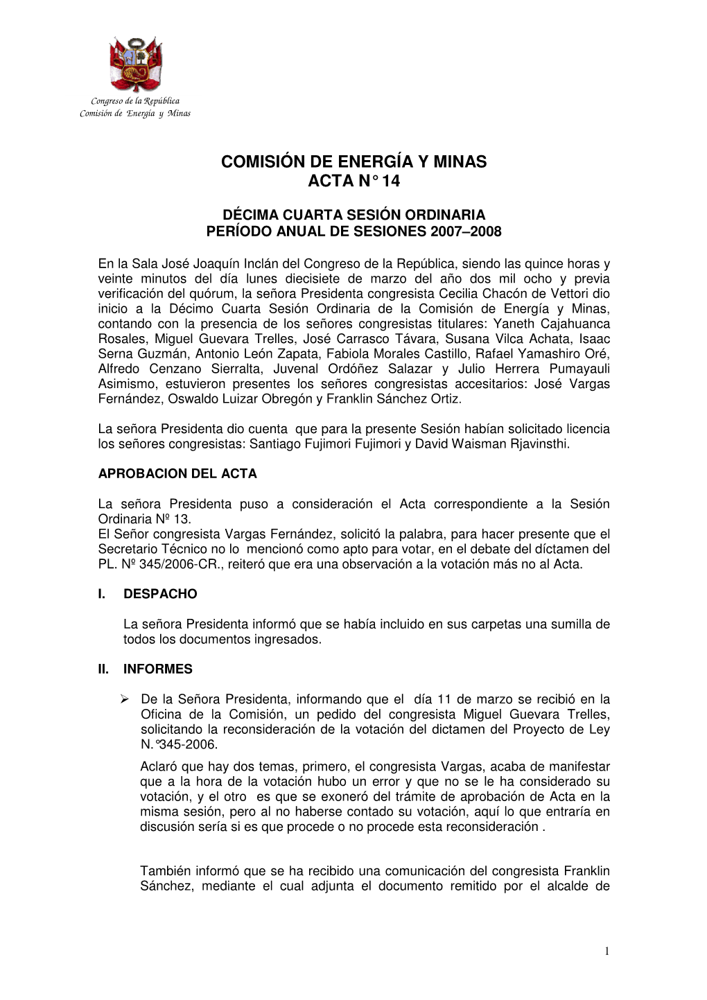 Comisión De Energía Y Minas Acta N° 14