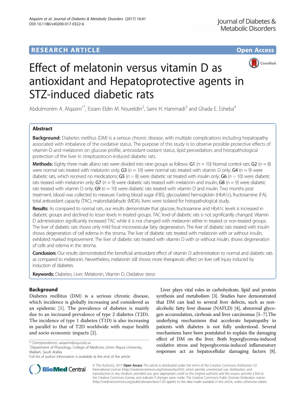 Effect of Melatonin Versus Vitamin D As Antioxidant and Hepatoprotective Agents in STZ-Induced Diabetic Rats Abdulmonim A