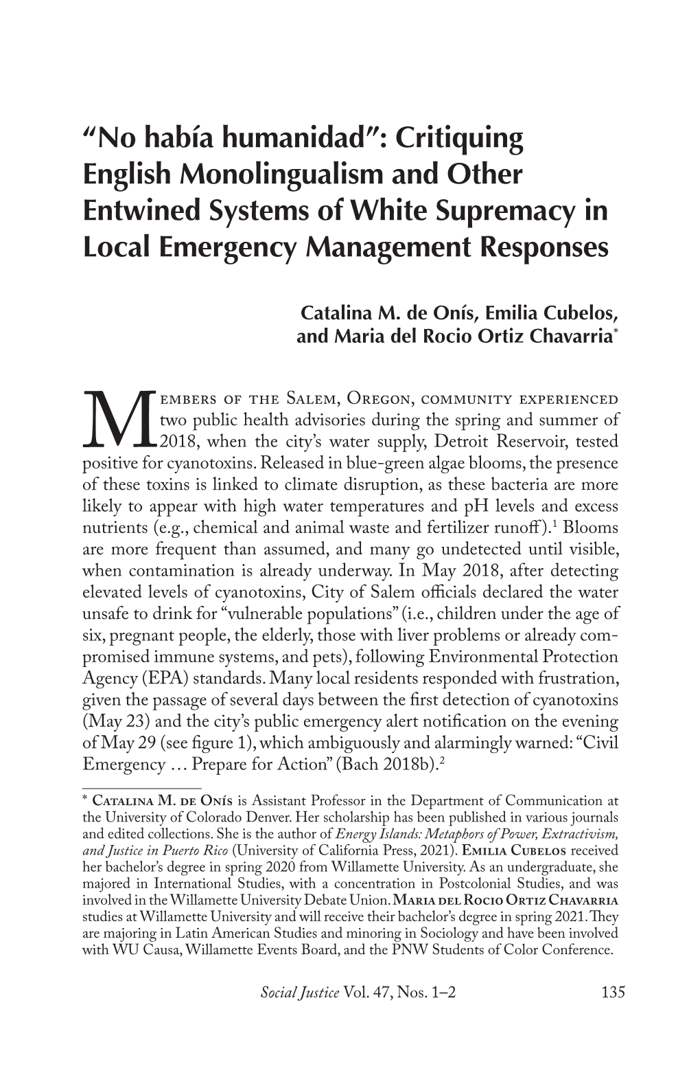 “No Había Humanidad”: Critiquing English Monolingualism and Other Entwined Systems of White Supremacy in Local Emergency Management Responses