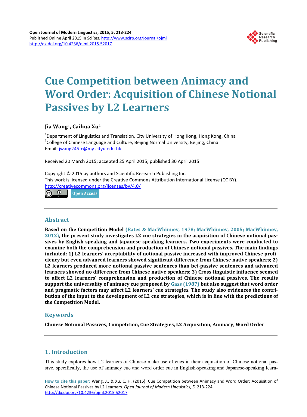 Cue Competition Between Animacy and Word Order: Acquisition of Chinese Notional Passives by L2 Learners