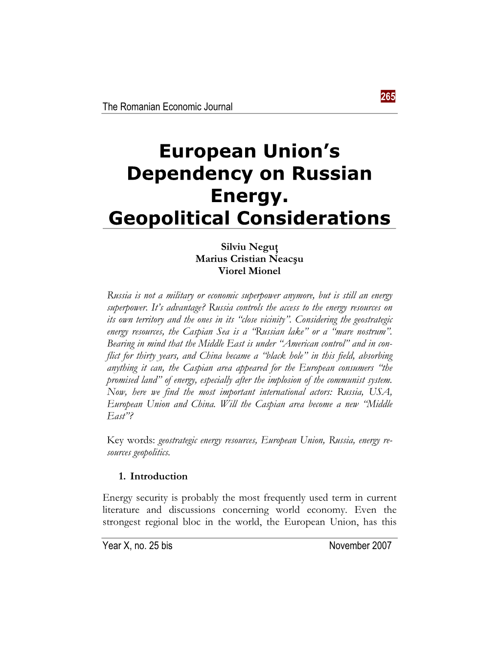 European Union's Dependency on Russian Energy. Geopolitical Considerations