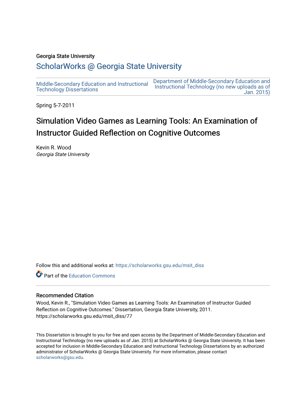 Simulation Video Games As Learning Tools: an Examination of Instructor Guided Reflection on Cognitive Outcomes