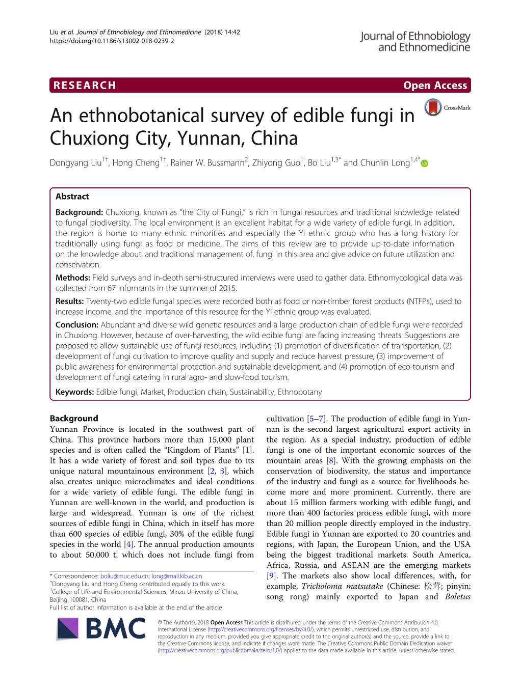 An Ethnobotanical Survey of Edible Fungi in Chuxiong City, Yunnan, China Dongyang Liu1†, Hong Cheng1†, Rainer W