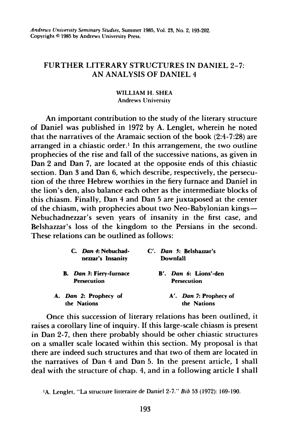 Further Literary Structures in Daniel 2-7: an Analysis of Daniel 4