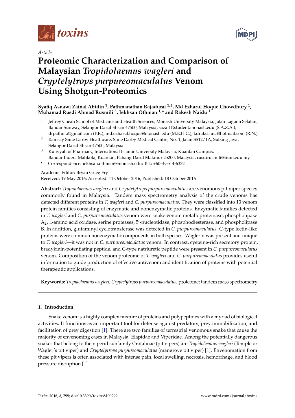 Proteomic Characterization and Comparison of Malaysian Tropidolaemus Wagleri and Cryptelytrops Purpureomaculatus Venom Using Shotgun-Proteomics