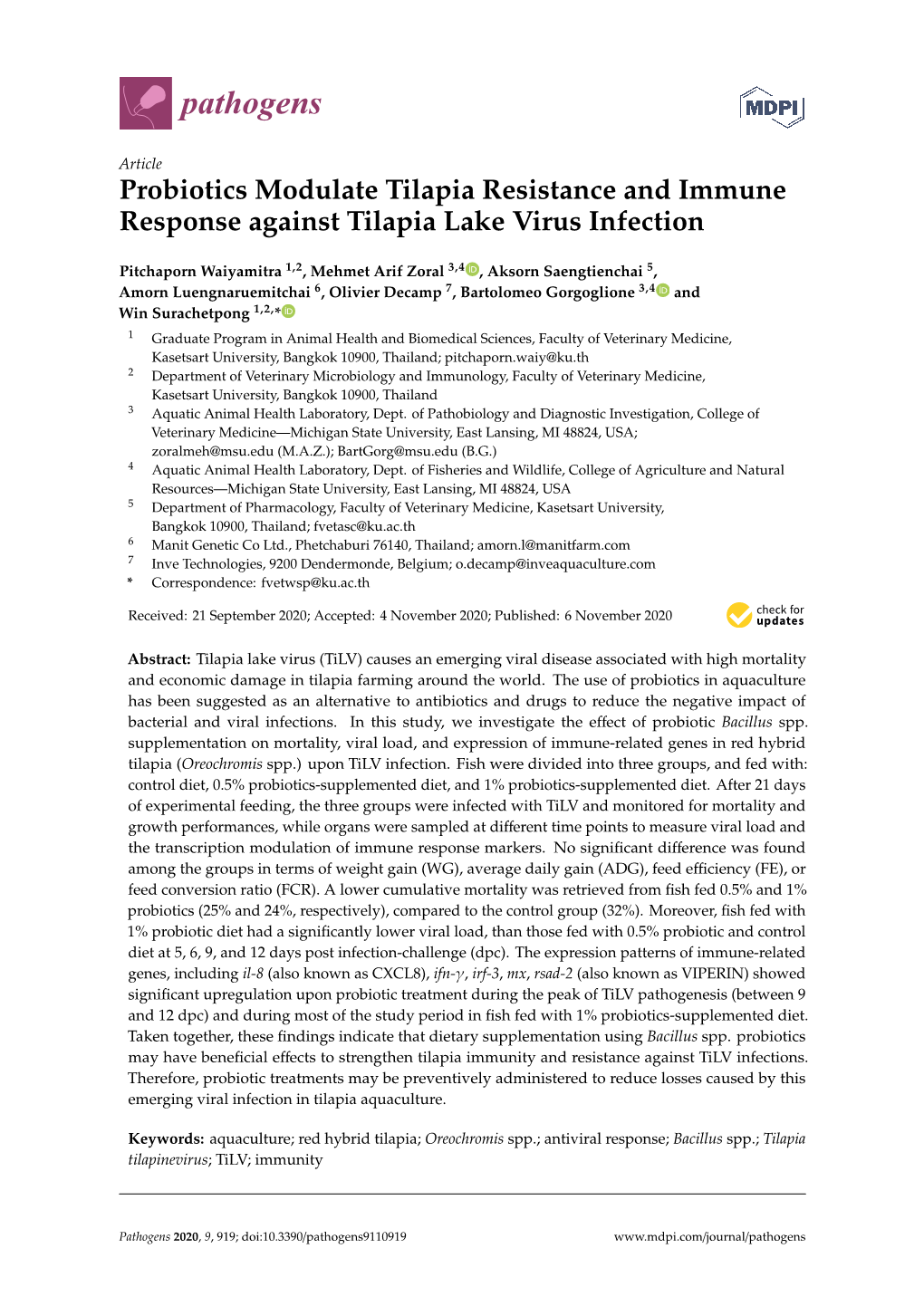 Probiotics Modulate Tilapia Resistance and Immune Response Against Tilapia Lake Virus Infection