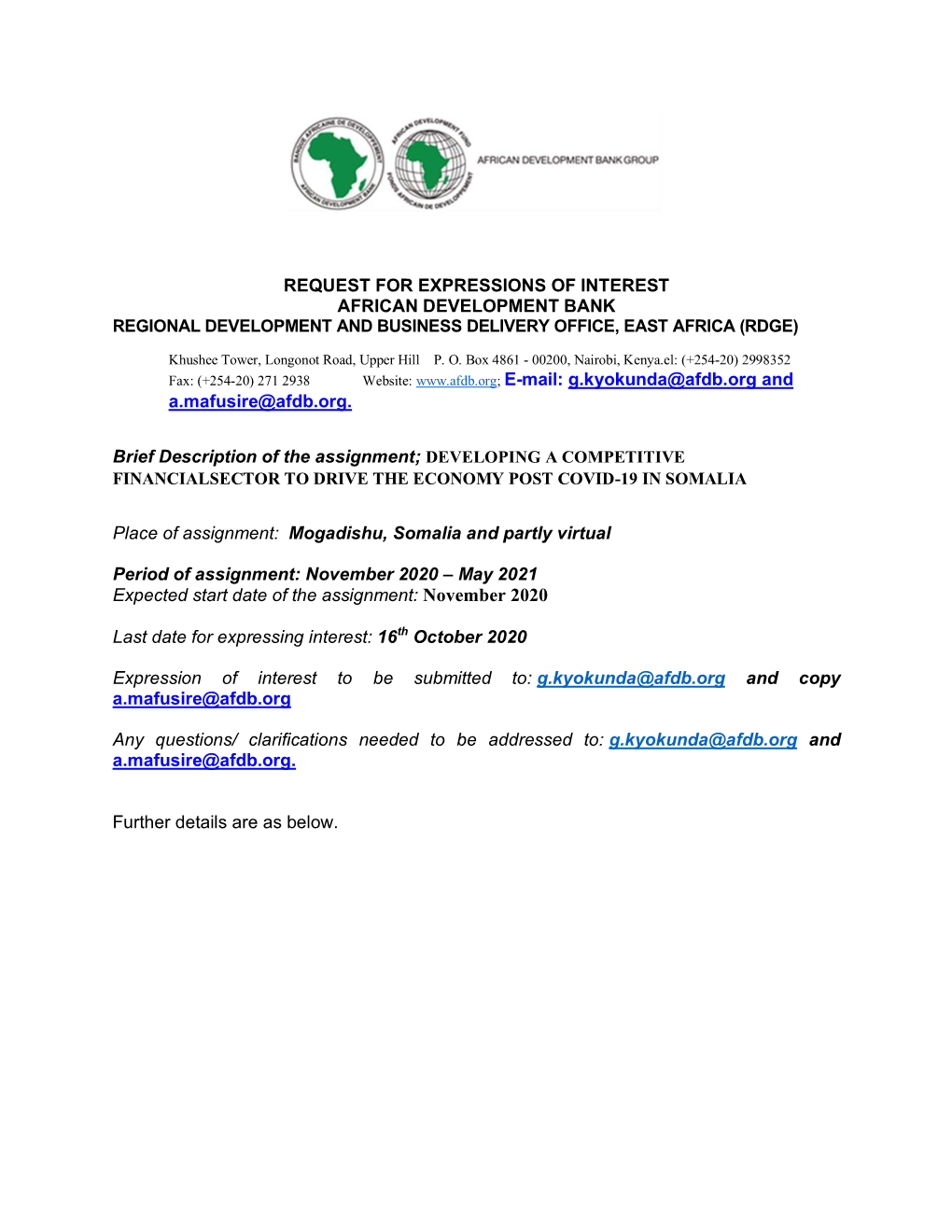 Request for Expressions of Interest African Development Bank Regional Development and Business Delivery Office, East Africa (Rdge)