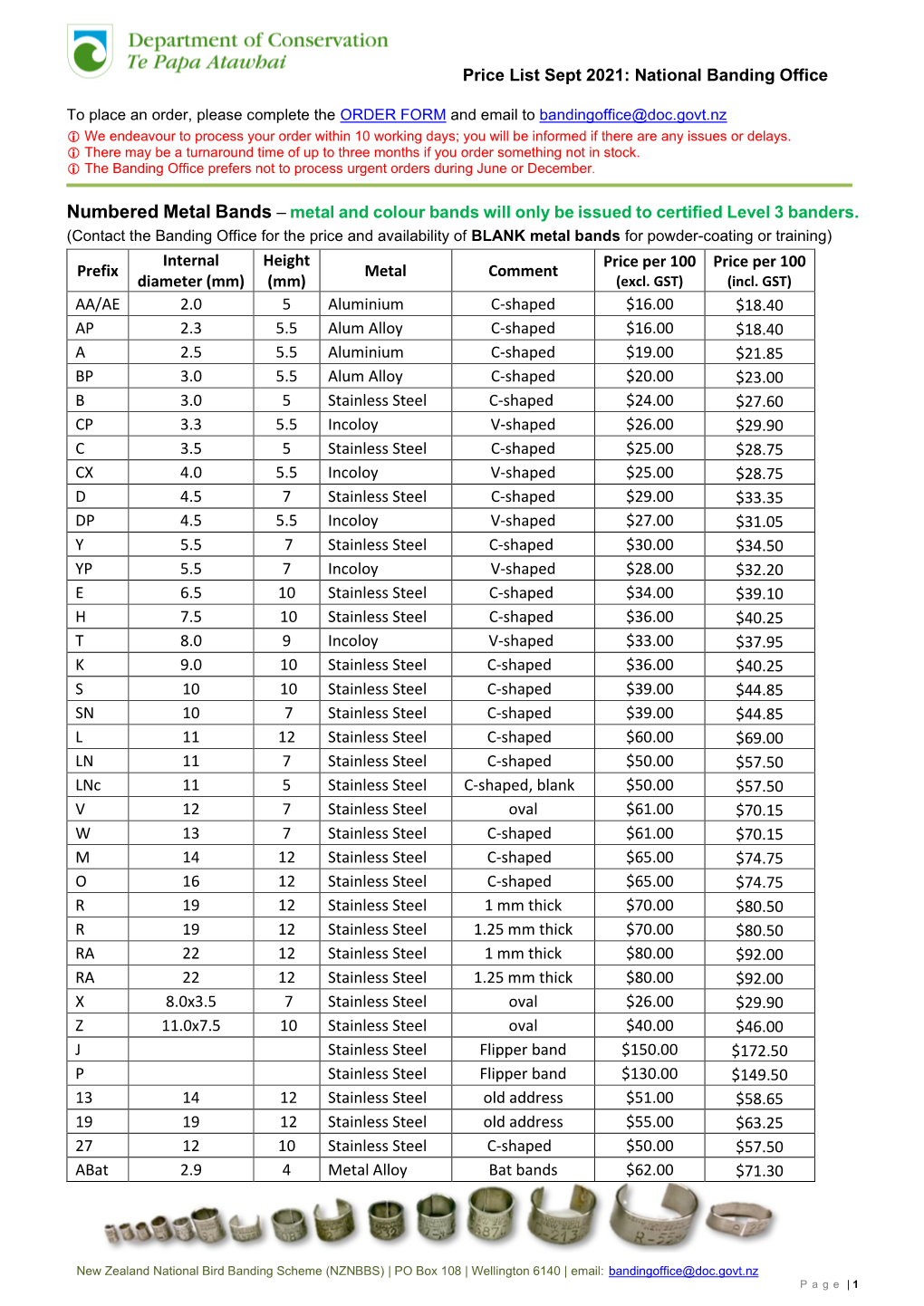 Banding Office Price List