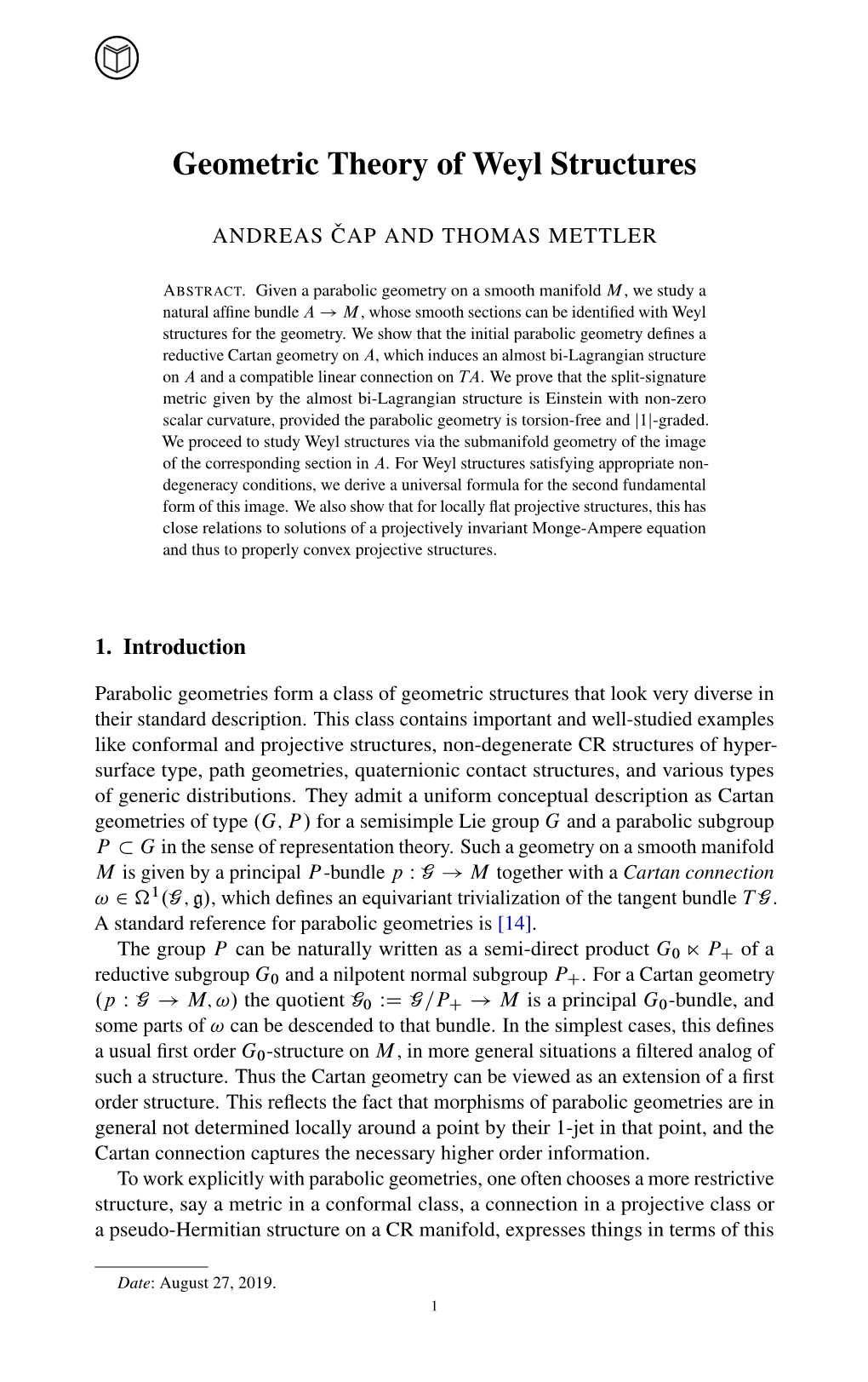 Geometric Theory of Weyl Structures