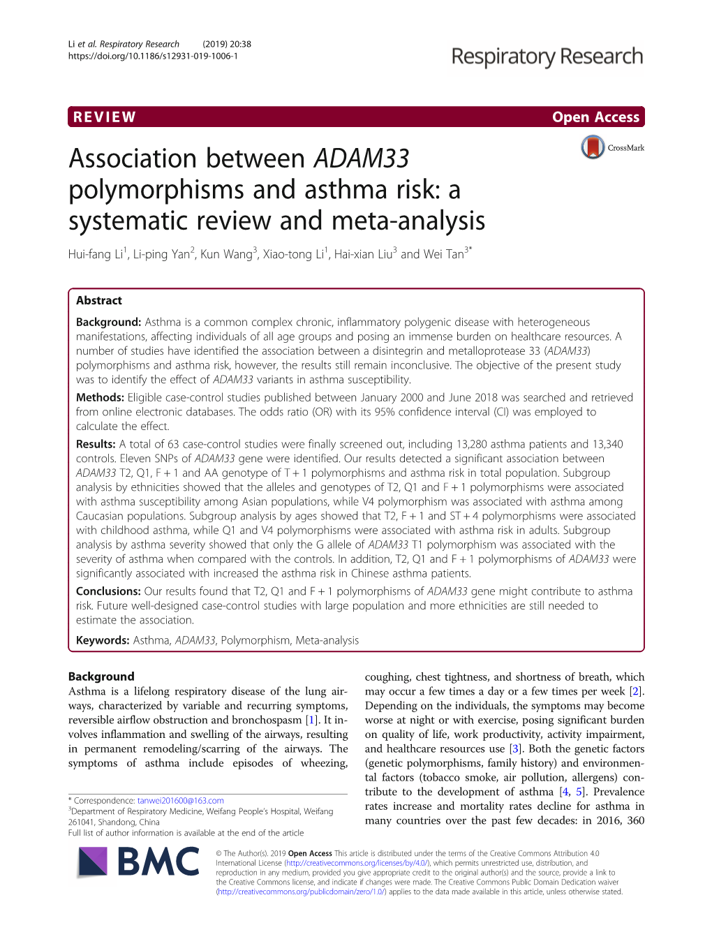 Association Between ADAM33 Polymorphisms and Asthma Risk: A