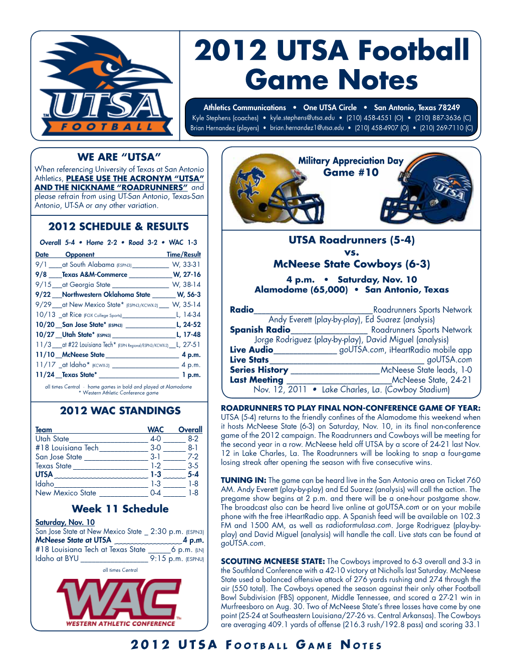 2012 UTSA Football Game Notes