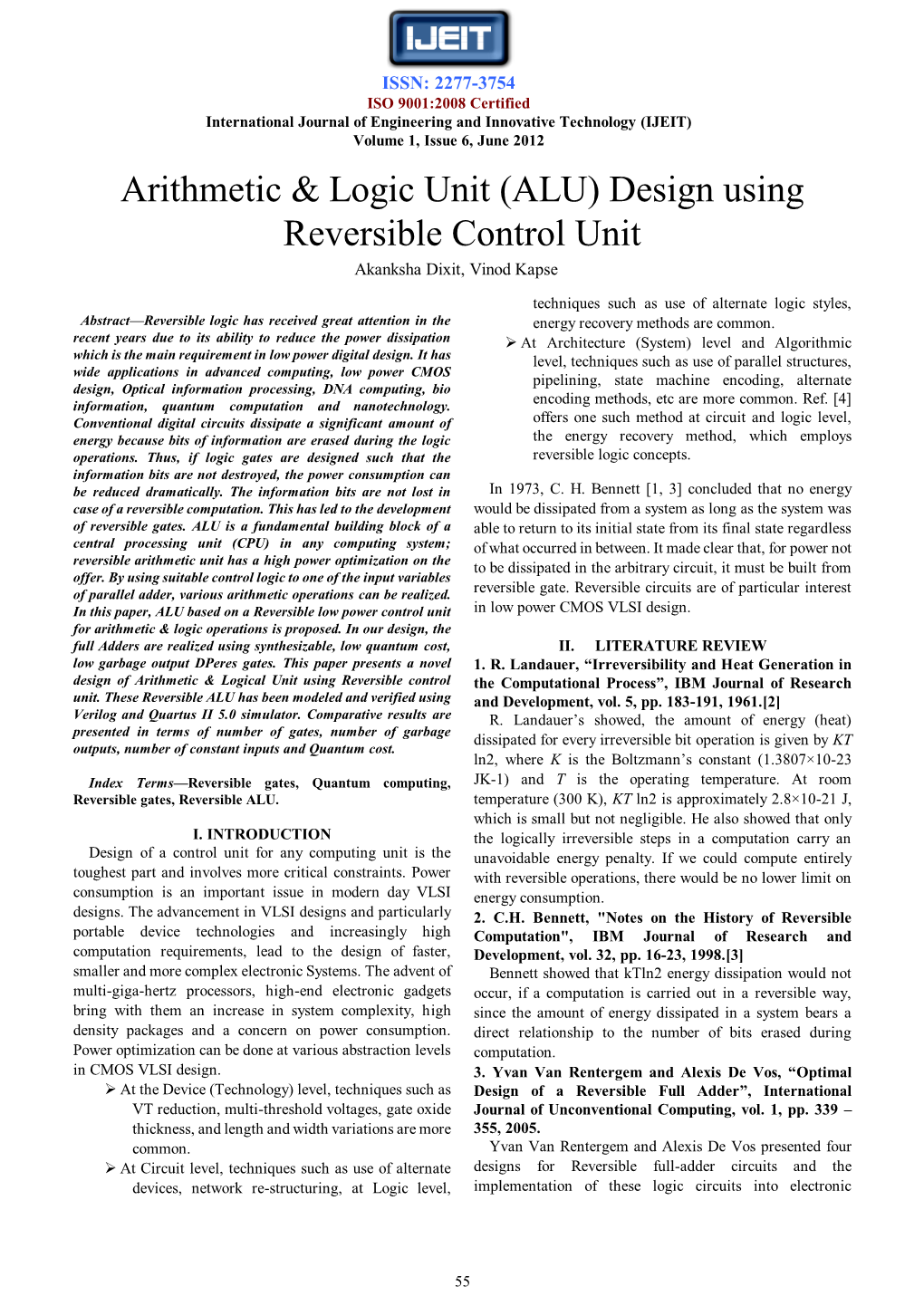 Arithmetic & Logic Unit (ALU) Design Using Reversible Control Unit