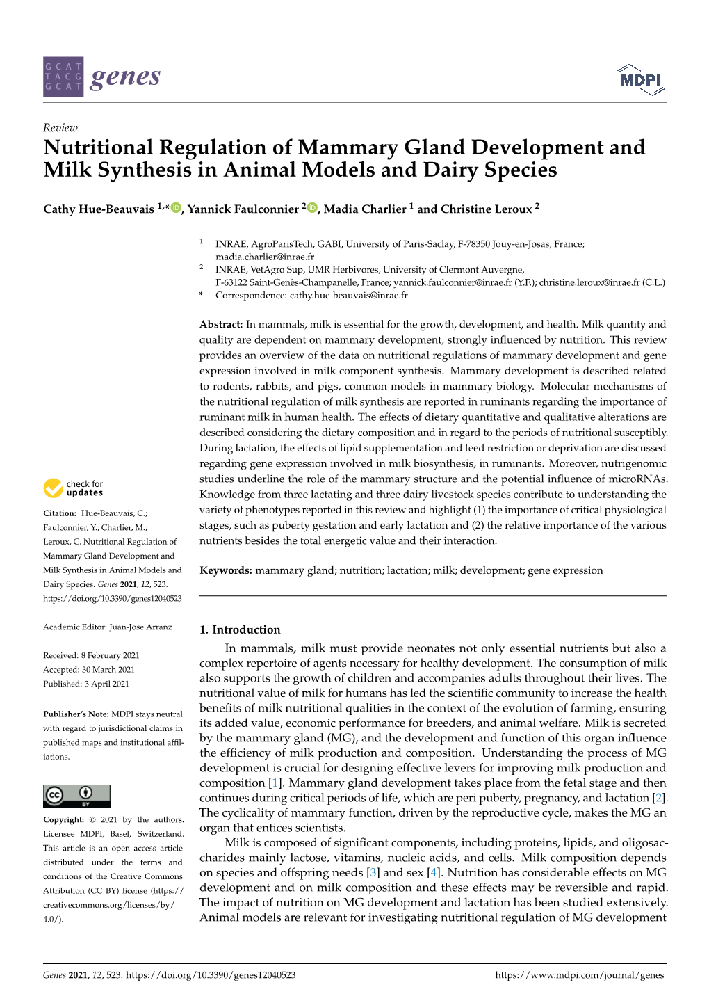 Nutritional Regulation of Mammary Gland Development and Milk Synthesis in Animal Models and Dairy Species