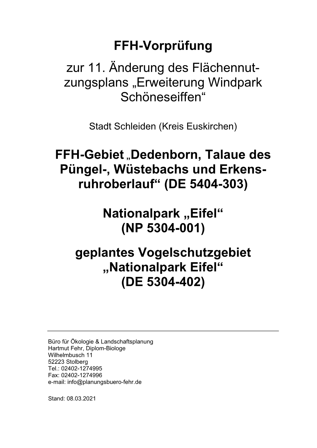 FFH-Vorprüfung Zur 11. Änderung Des Flächennut- Zungsplans