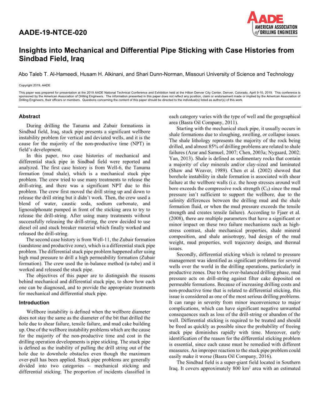 Insights Into Mechanical and Differential Pipe Sticking with Case Histories from Sindbad Field, Iraq