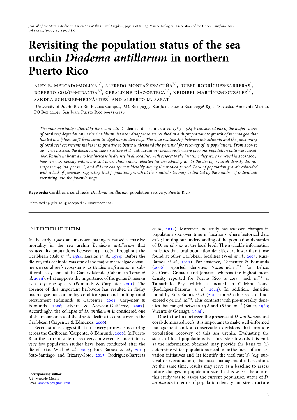 Revisiting the Population Status of the Sea Urchin Diadema Antillarum in Northern Puerto Rico Alex E