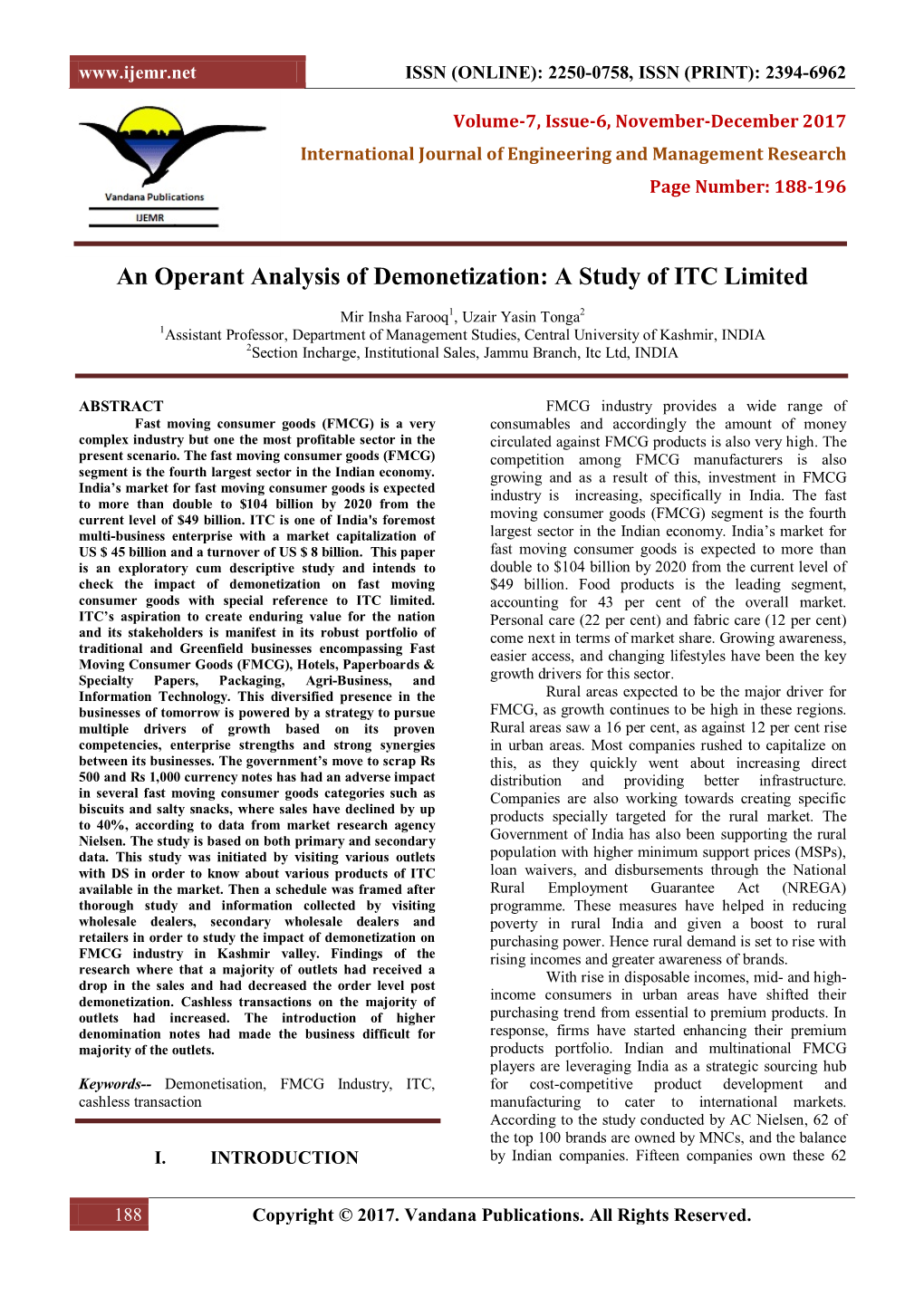 An Operant Analysis of Demonetization: a Study of ITC Limited