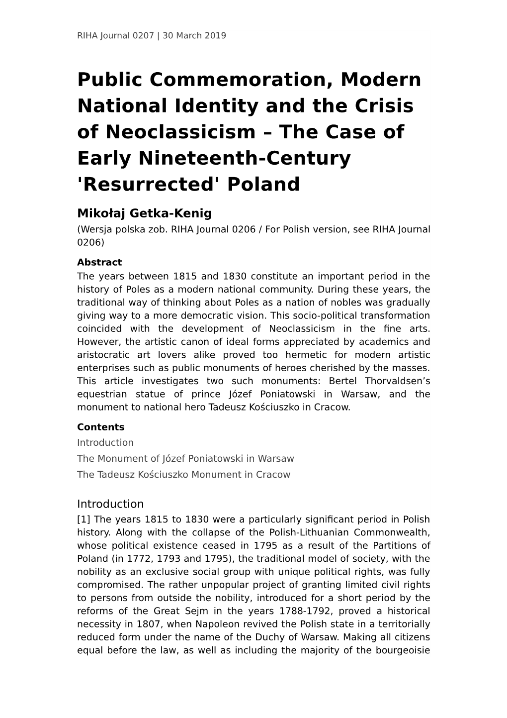 Public Commemoration, Modern National Identity and the Crisis of Neoclassicism – the Case of Early Nineteenth-Century 'Resurrected' Poland
