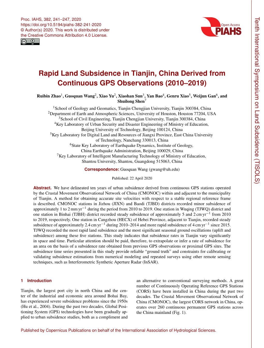 Rapid Land Subsidence in Tianjin, China Derived from Continuous GPS Observations (2010–2019)