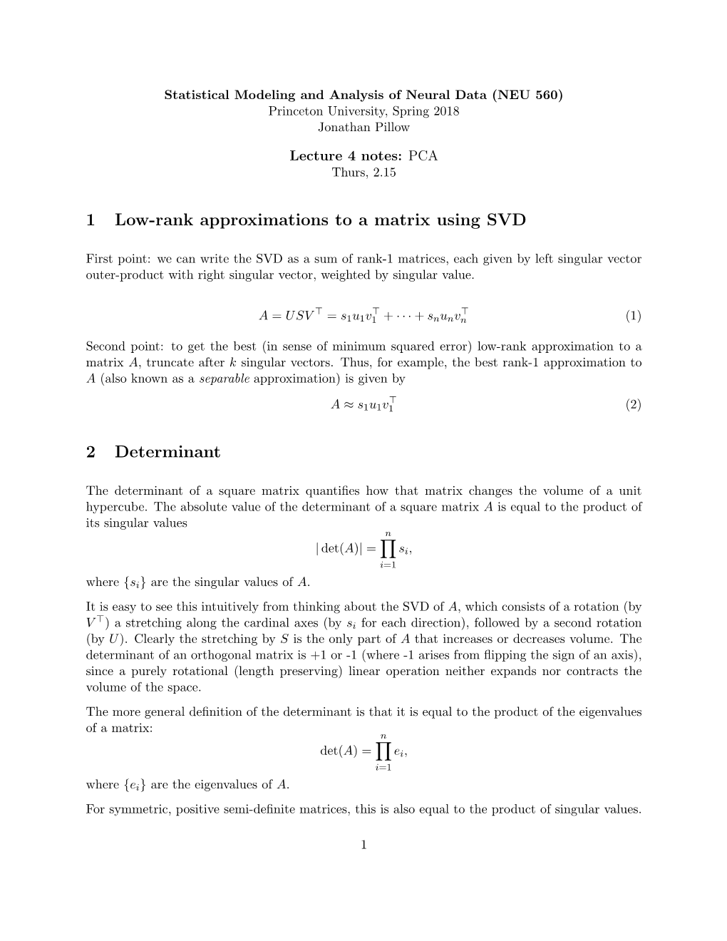 1 Low-Rank Approximations to a Matrix Using SVD 2 Determinant