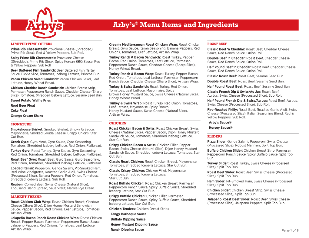 Arby's Menu Items and Ingredients for September 2020