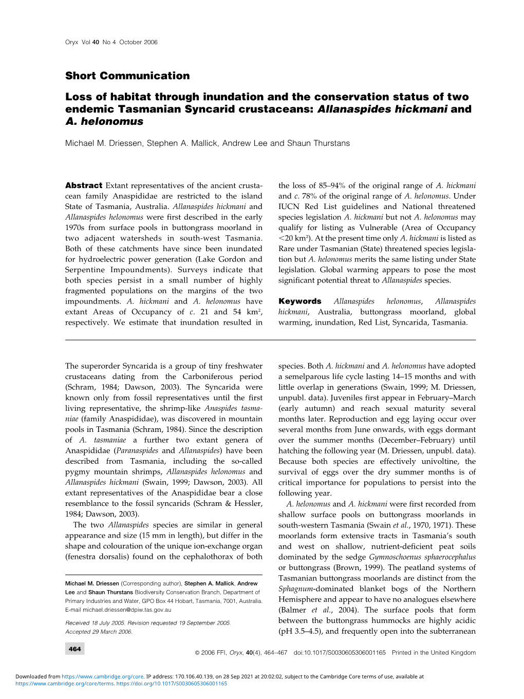 Loss of Habitat Through Inundation and the Conservation Status of Two Endemic Tasmanian Syncarid Crustaceans: Allanaspides Hickmani and A