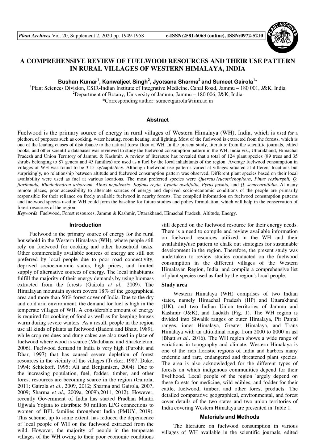 A Comprehensive Review of Fuelwood Resources and Their Use Pattern in Rural Villages of Western Himalaya, India