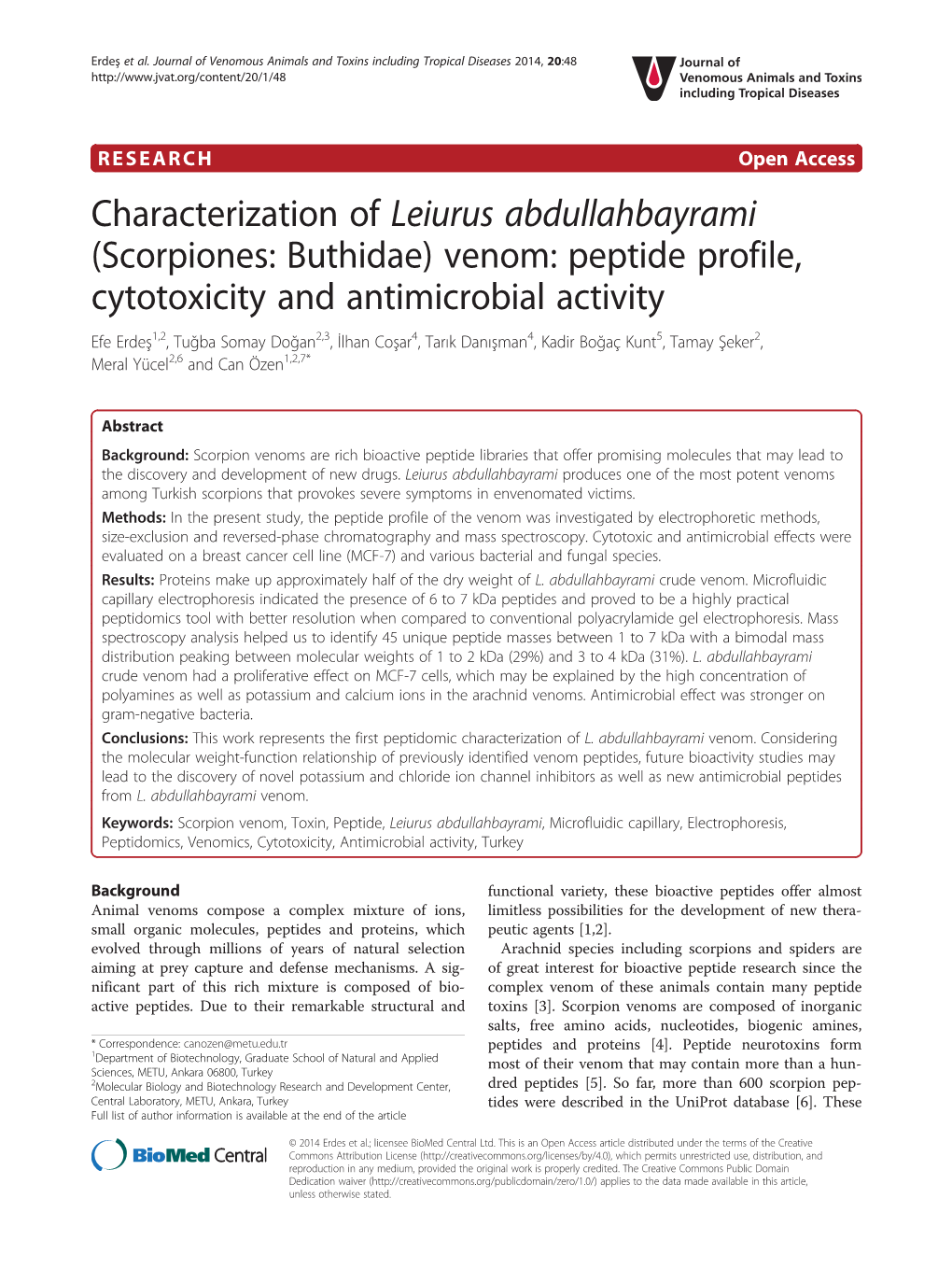 Characterization of Leiurus Abdullahbayrami (Scorpiones: Buthidae) Venom: Peptide Profile, Cytotoxicity and Antimicrobial Activi