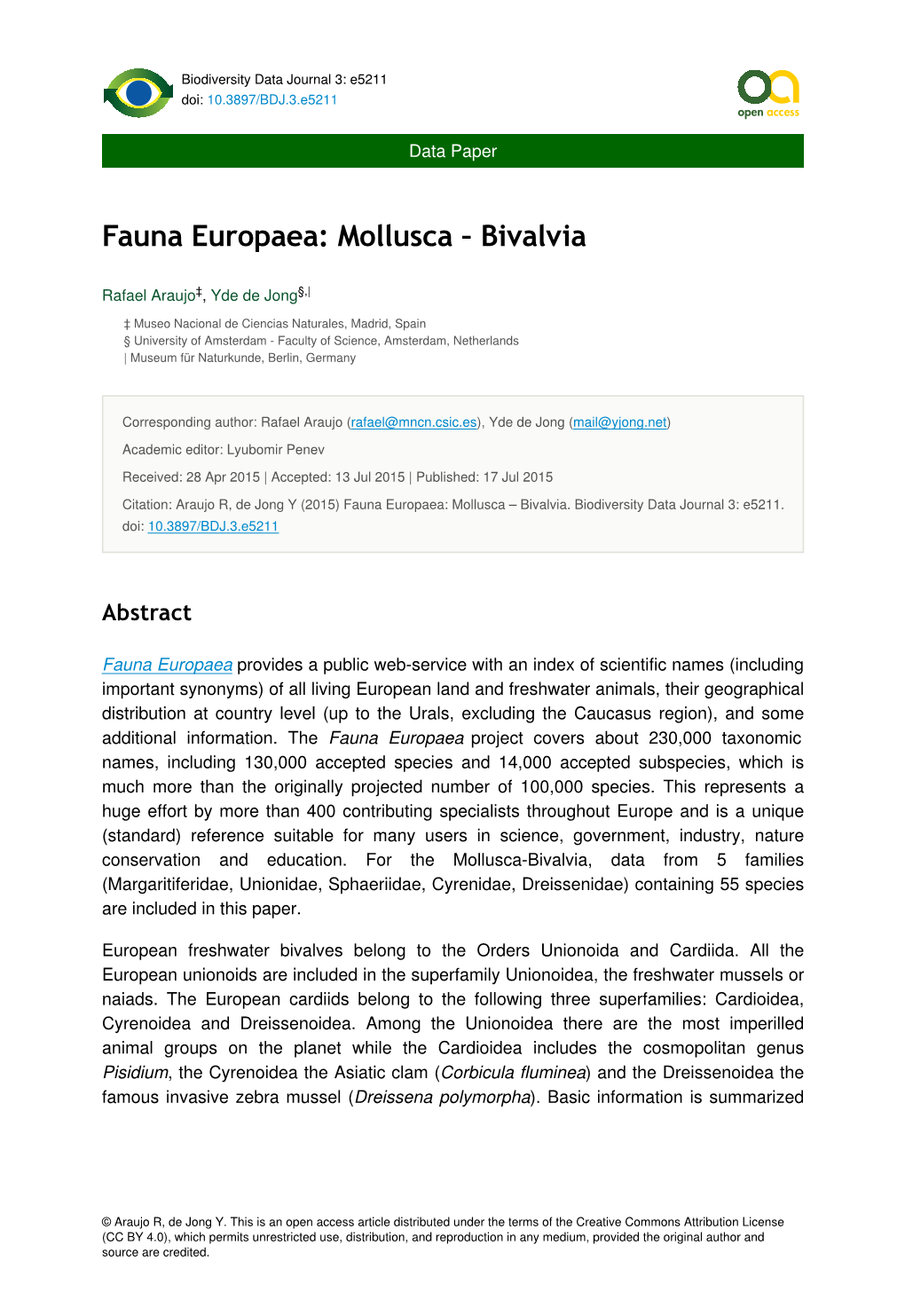 Fauna Europaea: Mollusca – Bivalvia