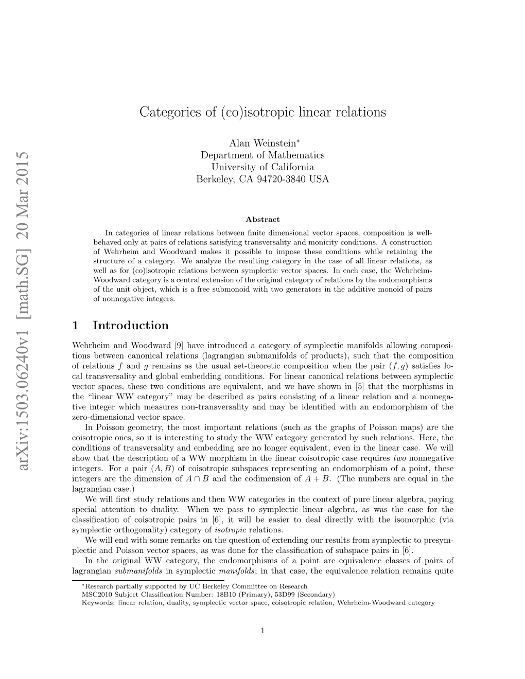 Categories of (Co) Isotropic Linear Relations