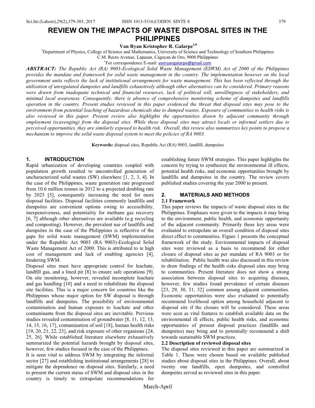 REVIEW on the IMPACTS of WASTE DISPOSAL SITES in the PHILIPPINES Van Ryan Kristopher R