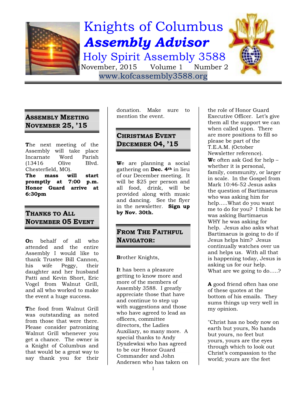 Assembly Advisor Holy Spirit Assembly 3588 November, 2015 Volume 1 Number 2
