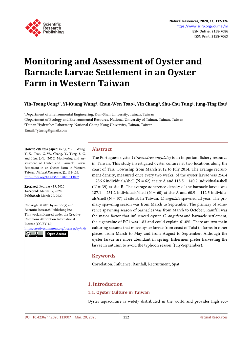 Monitoring and Assessment of Oyster and Barnacle Larvae Settlement in an Oyster Farm in Western Taiwan