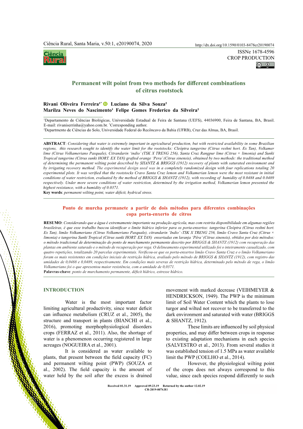 Permanent Wilt Point from Two Methods for Different Combinations of Citrus Rootstock