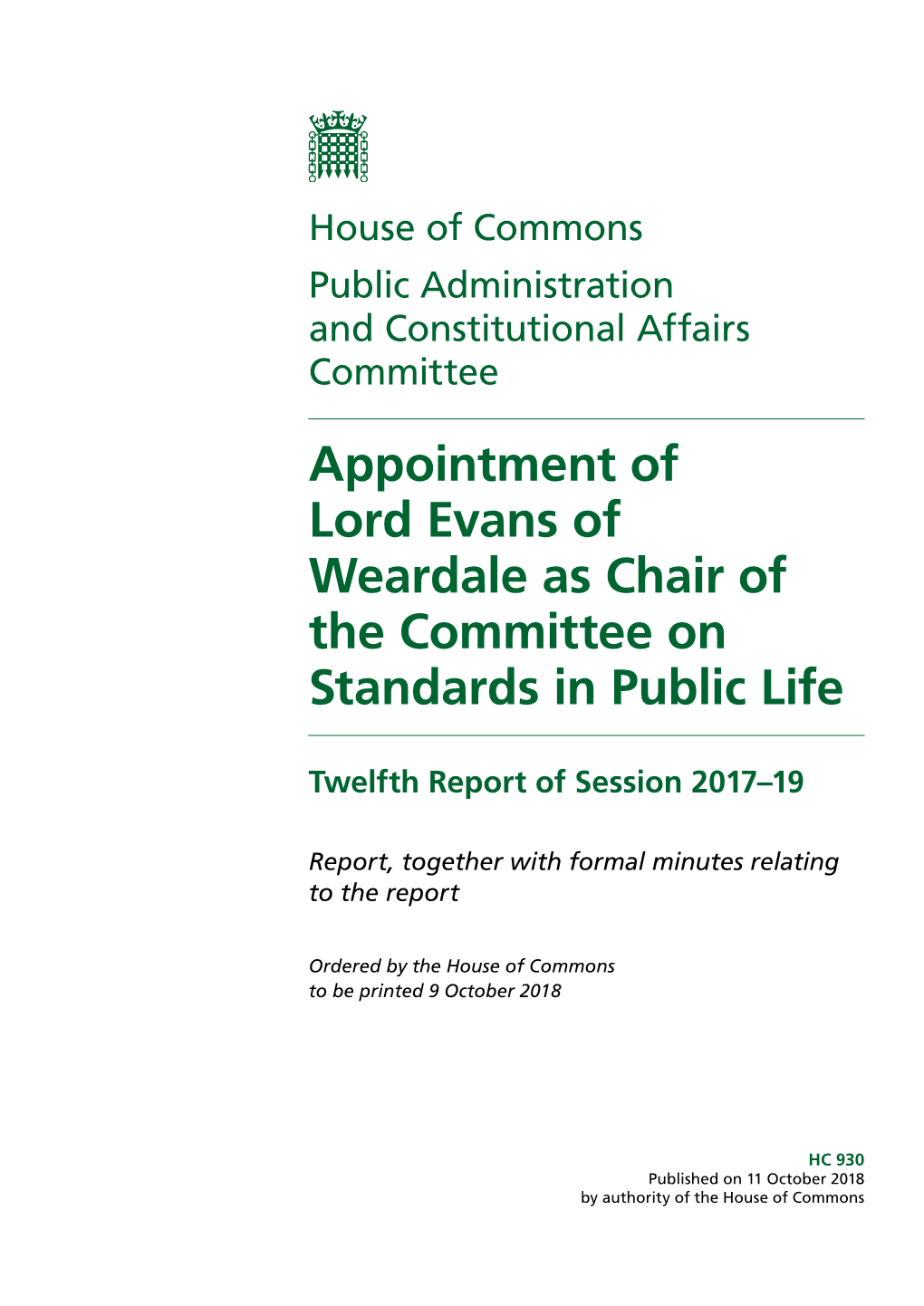 Appointment of Lord Evans of Weardale As Chair of the Committee on Standards in Public Life