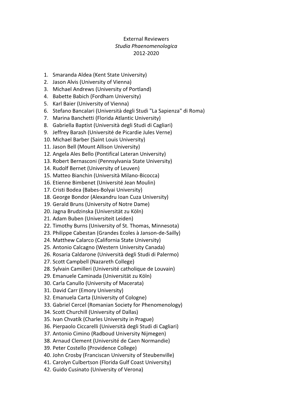 External Reviewers Studia Phaenomenologica 2012-2020 1