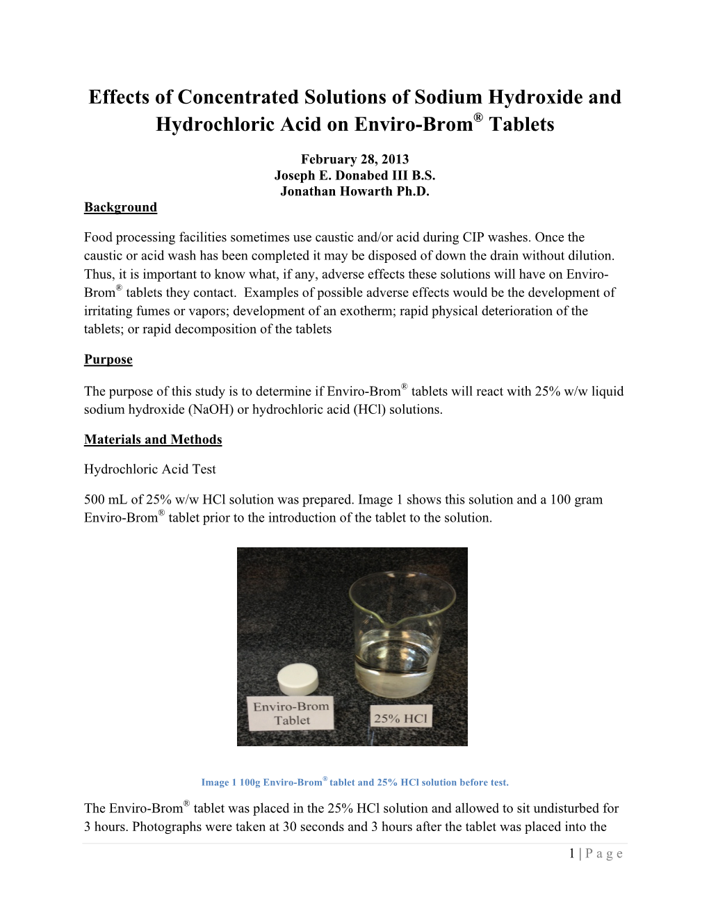 Effects of Concentrated Solutions of Sodium Hydroxide and Hydrochloric Acid on Enviro-Brom® Tablets