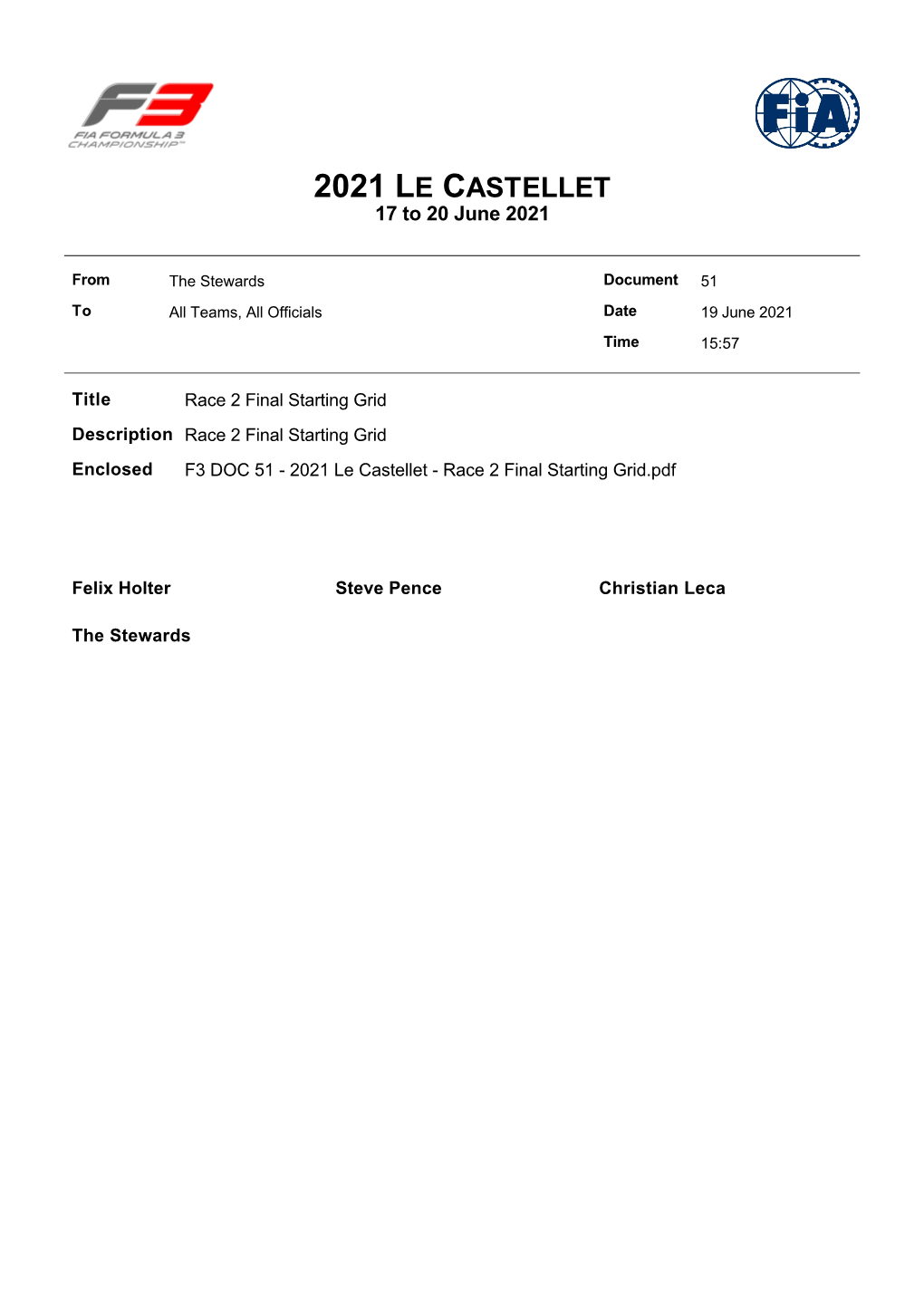 Final Starting Grid Description Race 2 Final Starting Grid Enclosed F3 DOC 51 - 2021 Le Castellet - Race 2 Final Starting Grid.Pdf