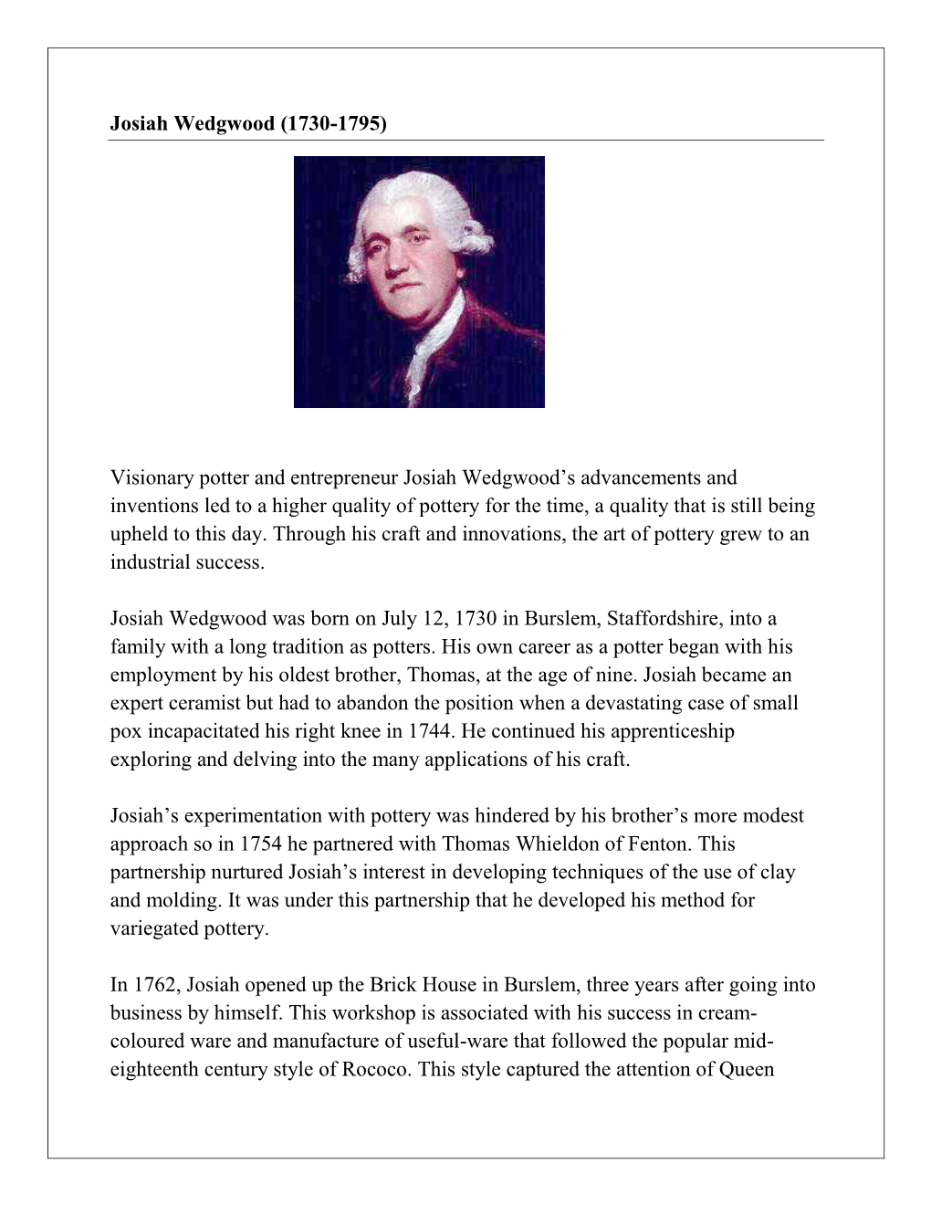 (1730-1795) Visionary Potter and Entrepreneur Josiah Wedgwood's