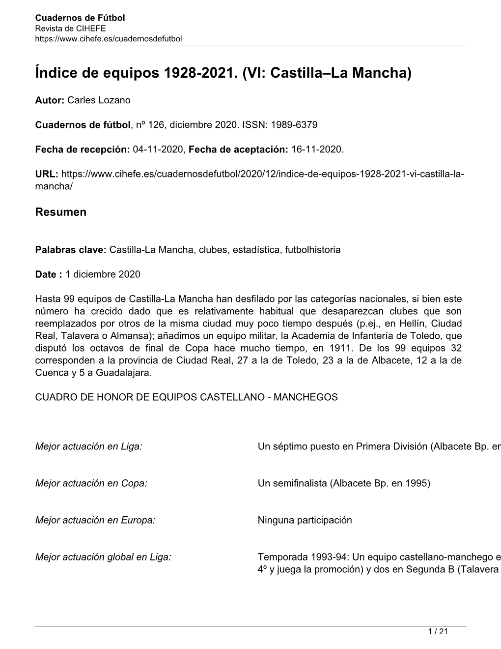 Índice De Equipos 1928-2021. (VI: Castilla–La Mancha)