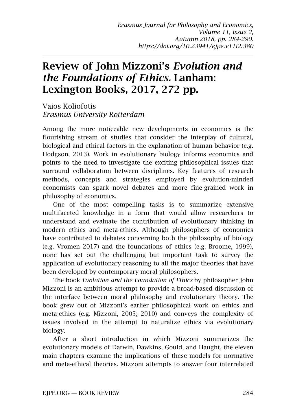 Review of John Mizzoni's Evolution and the Foundations of Ethics. Lanham: Lexington Books, 2017, 272