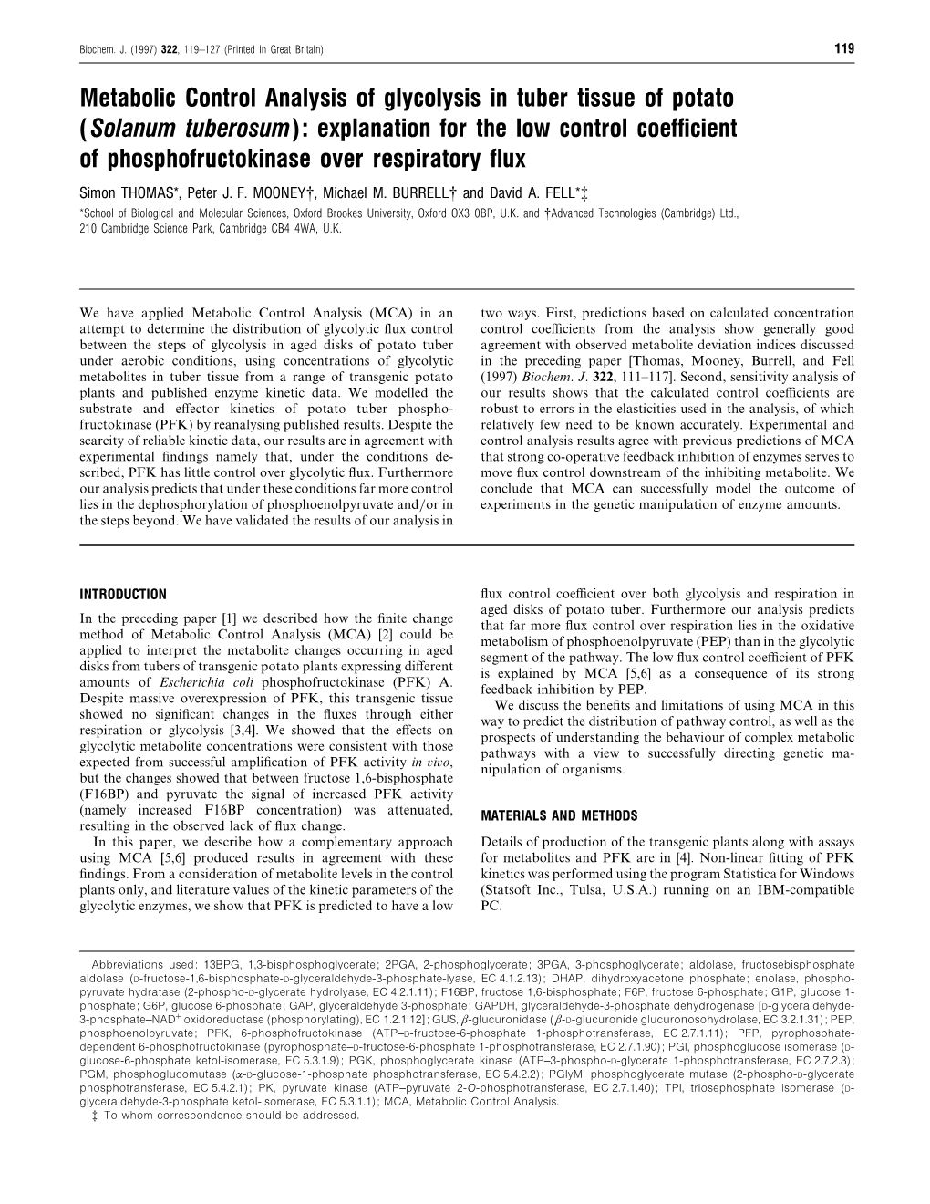 Metabolic Control Analysis of Glycolysis in Tuber Tissue of Potato