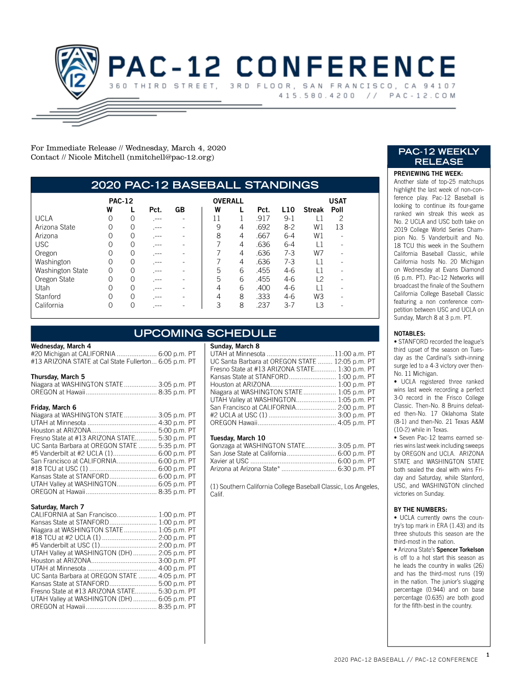 2020 Pac-12 Baseball Standings Upcoming