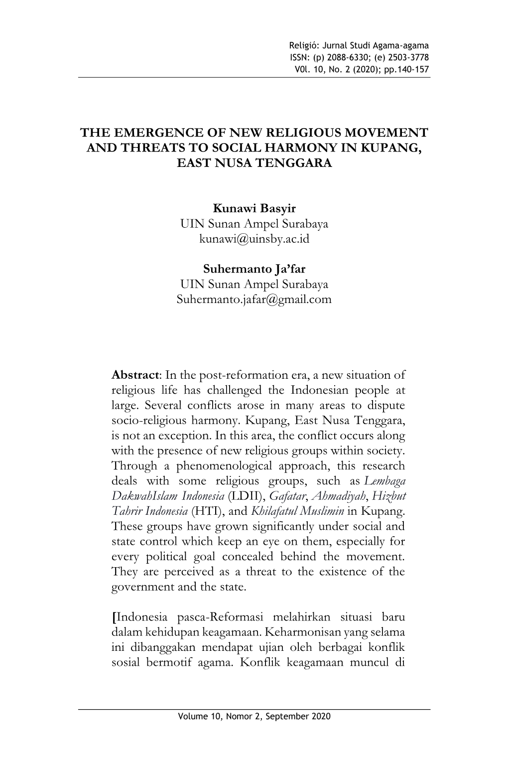 The Emergence of New Religious Movement and Threats to Social Harmony in Kupang, East Nusa Tenggara