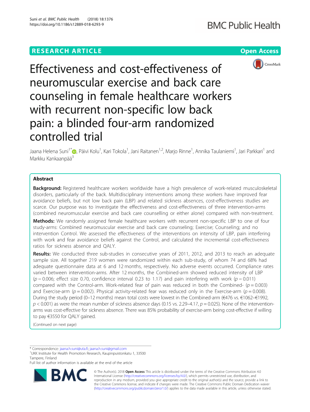 Effectiveness and Cost-Effectiveness of Neuromuscular Exercise and Back